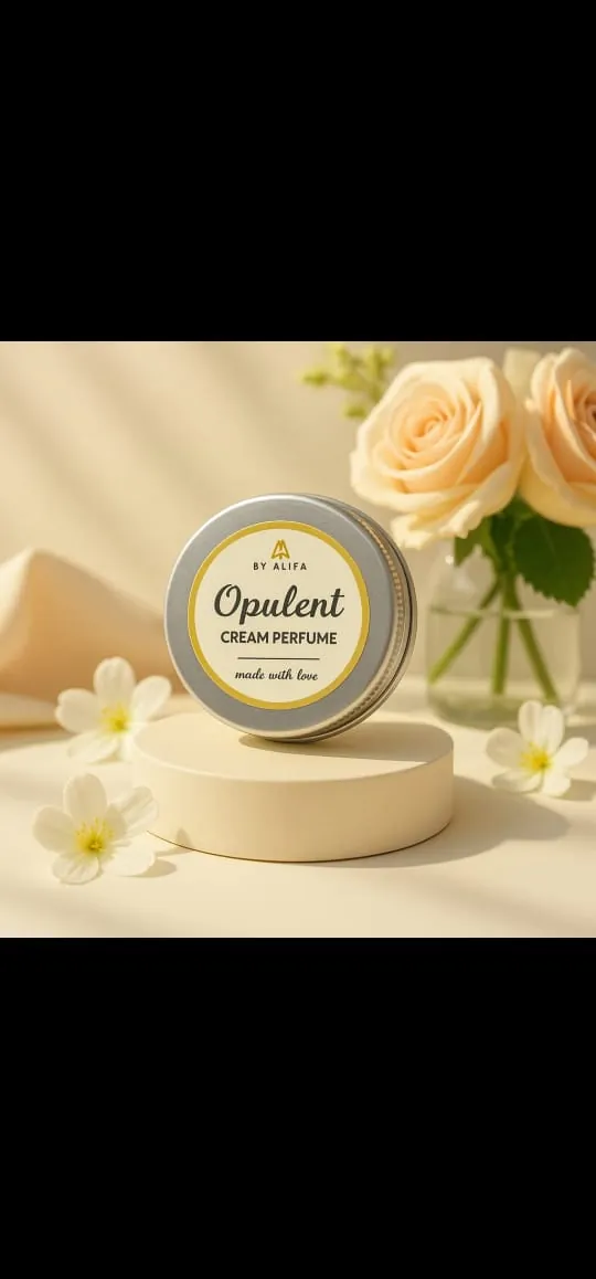 Opulent cream perfume by Alifa on a pedestal with peach roses