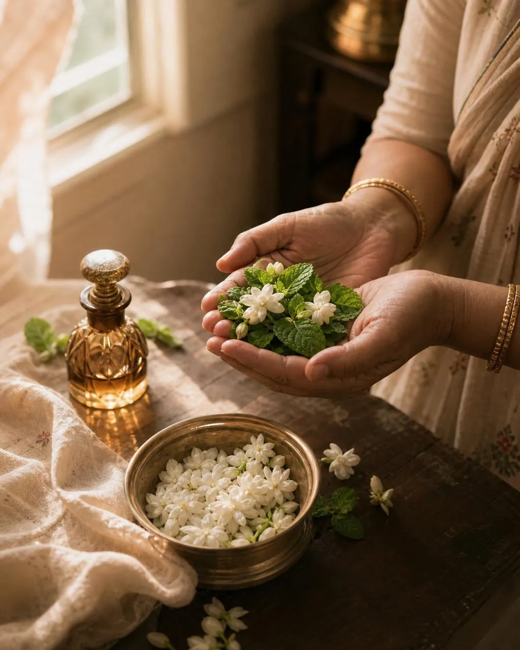 A mother's hands holding fresh jasmine and mint in a sunlit kitchen